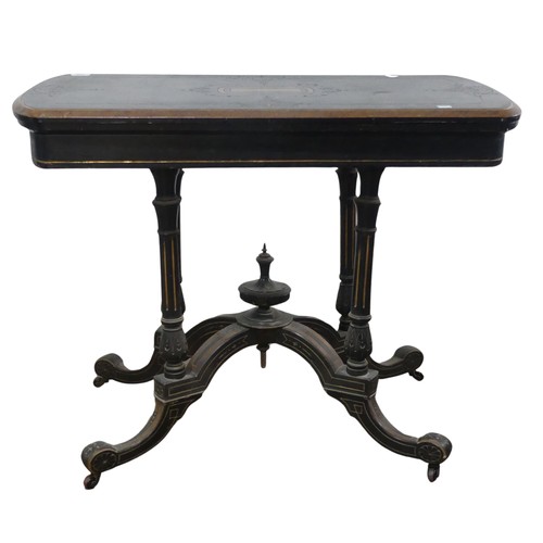 638 - An Aesthetic movement ebonised and burr walnut card Table, with rounded ends and turnover top, raise... 