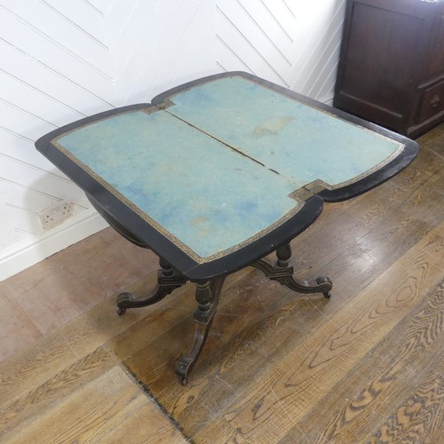 638 - An Aesthetic movement ebonised and burr walnut card Table, with rounded ends and turnover top, raise... 