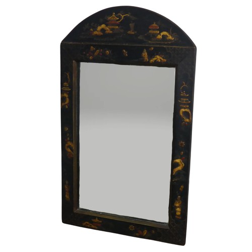 617 - A late 19th/early 20th century Chinoiserie wall Mirror, the black lacquered frame with gilt and pain... 