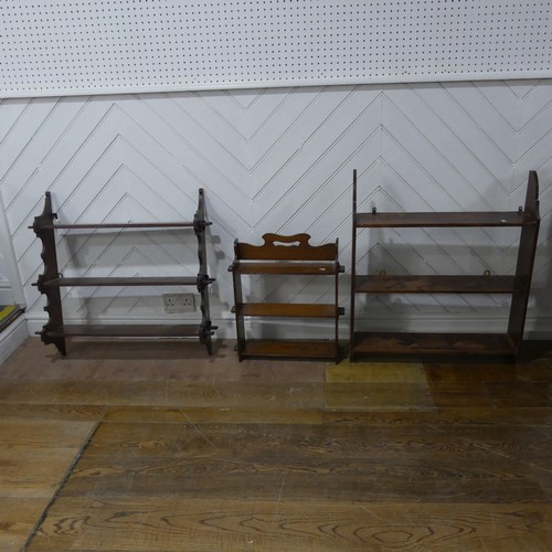 595 - A set of antique stained pine open wall Shelves, W 69 cm x H 80 cm x D 15.5 cm, together with  anoth... 