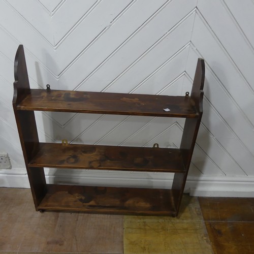 595 - A set of antique stained pine open wall Shelves, W 69 cm x H 80 cm x D 15.5 cm, together with  anoth... 