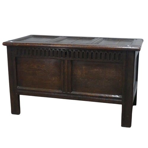 679 - An 18th century paneled oak Coffer, of small proportions, W 97 cm x H 57 cm x D 52 cm.... 