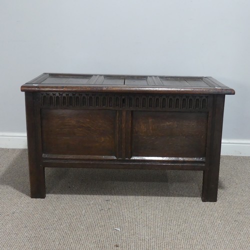 679 - An 18th century paneled oak Coffer, of small proportions, W 97 cm x H 57 cm x D 52 cm.... 