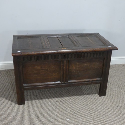 679 - An 18th century paneled oak Coffer, of small proportions, W 97 cm x H 57 cm x D 52 cm.... 