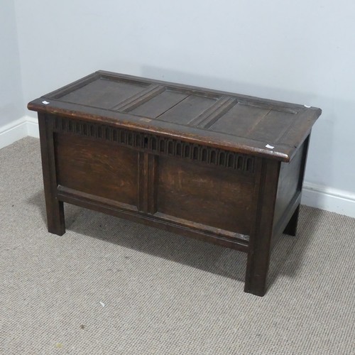 679 - An 18th century paneled oak Coffer, of small proportions, W 97 cm x H 57 cm x D 52 cm.... 