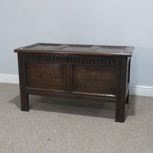 679 - An 18th century paneled oak Coffer, of small proportions, W 97 cm x H 57 cm x D 52 cm.... 