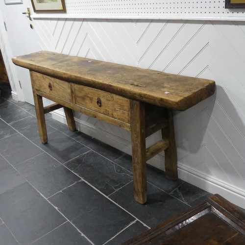 681 - A 19th century pitch pine rustic country Side Table, of narrow proportions and joint construction, t... 