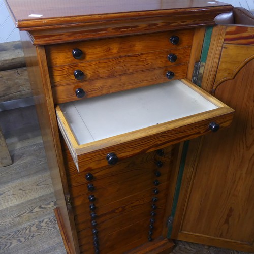 682 - An early 20th century pitch pine specimen/collectors Cabinet, the oak door concealing twenty slender... 