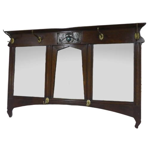 501 - A Shapland and Petter of Barnstaple Arts and Crafts oak Hall Mirror, moulded cornice over frieze ins... 