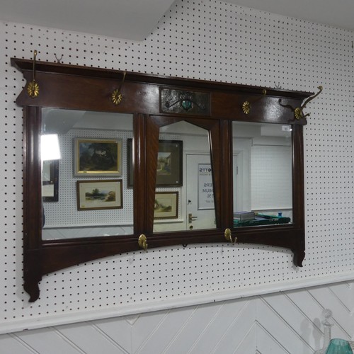 501 - A Shapland and Petter of Barnstaple Arts and Crafts oak Hall Mirror, moulded cornice over frieze ins... 