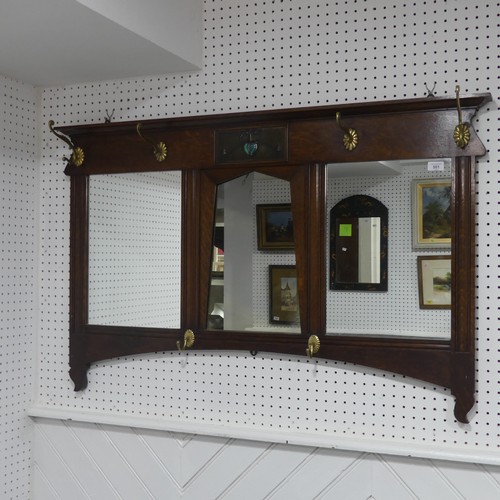 501 - A Shapland and Petter of Barnstaple Arts and Crafts oak Hall Mirror, moulded cornice over frieze ins... 