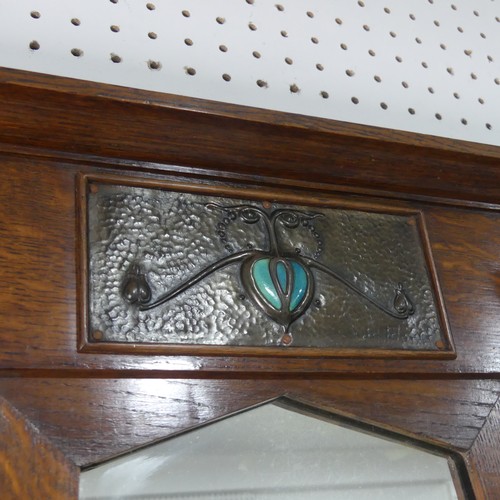 501 - A Shapland and Petter of Barnstaple Arts and Crafts oak Hall Mirror, moulded cornice over frieze ins... 