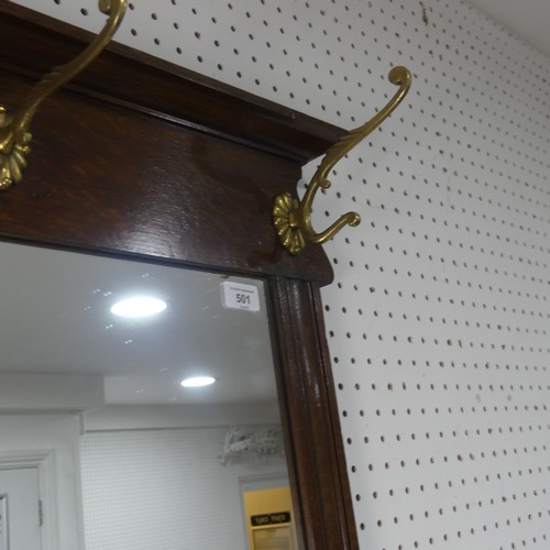 501 - A Shapland and Petter of Barnstaple Arts and Crafts oak Hall Mirror, moulded cornice over frieze ins... 