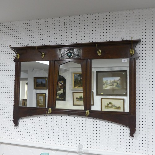 501 - A Shapland and Petter of Barnstaple Arts and Crafts oak Hall Mirror, moulded cornice over frieze ins... 