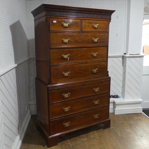 649 - A Georgian mahogany Chest on Chest, the moulded and carved cornice over two short drawers and three ... 