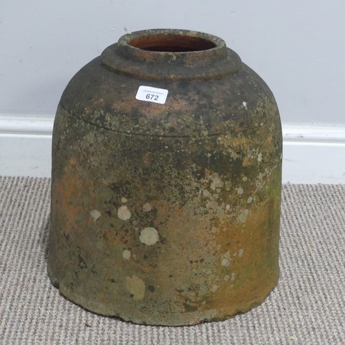 672 - A weathered terracotta rhubarb Forcer, missing top, W 30 cm x H 35 cm x D 30 cm.