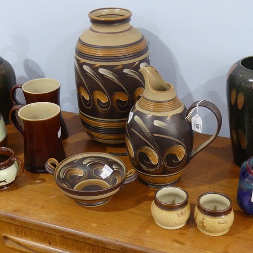 93 - A large Denby Savannah pattern Vase, in banded colours of orange and brown, H 32cm together with a f... 