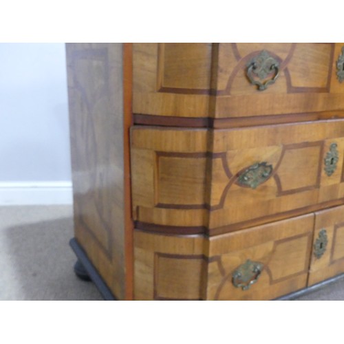 626 - A late 19th century inlaid mahogany, walnut and boxwood bowfront Chest of drawers, the moulded top w... 