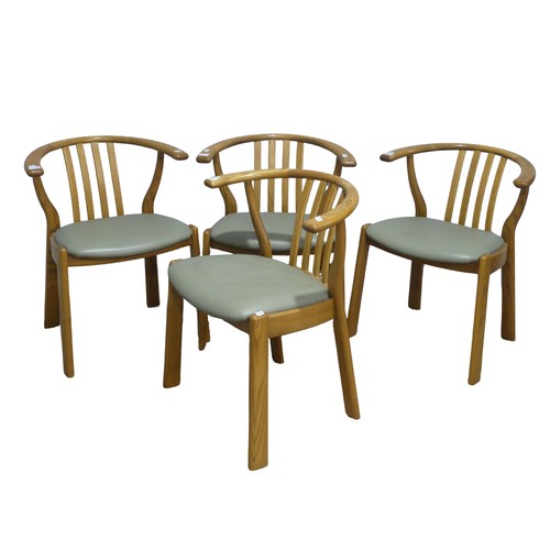 691 - A set of four elm contemporary 'wishbone' Armchairs, with upholstered seats, W 61 cm x H 73 cm x D 7... 