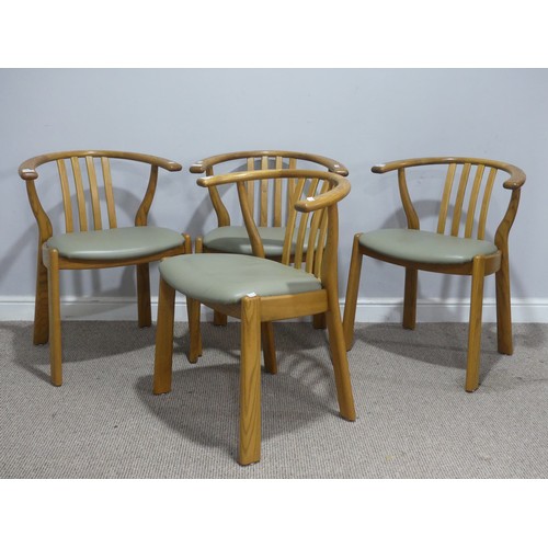 691 - A set of four elm contemporary 'wishbone' Armchairs, with upholstered seats, W 61 cm x H 73 cm x D 7... 