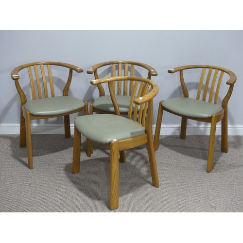 691 - A set of four elm contemporary 'wishbone' Armchairs, with upholstered seats, W 61 cm x H 73 cm x D 7... 