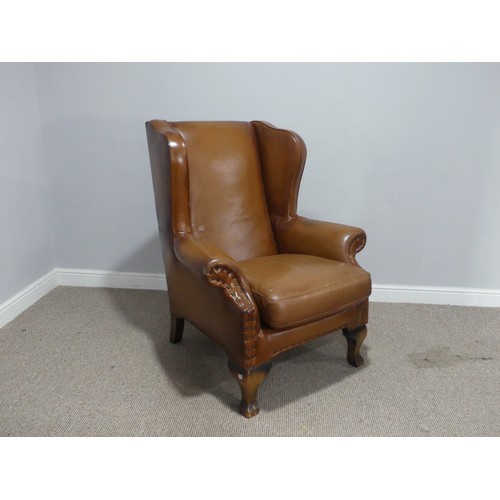 686 - A John Lewis 'Compton' tan leather wingback Armchair, with scrolled arms, W 90 cm x H 108 cm x D 80 ... 