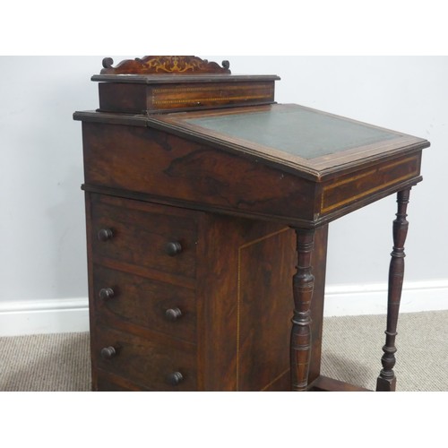 678 - A late 19th century oak and inlaid Davenport, the sloped hinged top inset with leather writing surfa... 