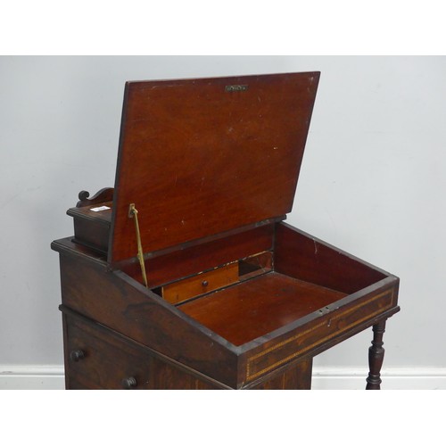 678 - A late 19th century oak and inlaid Davenport, the sloped hinged top inset with leather writing surfa... 