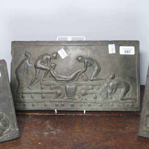 657 - Three early 20thC black/bronzed ceramic Plaques, depicting classical Greek scenes in low relief, pro... 