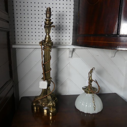 633 - A 20th century brass table Lamp, with scrolled and floral Corinthian column, H 62 cm, together with ... 