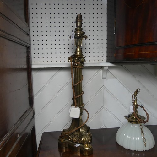 633 - A 20th century brass table Lamp, with scrolled and floral Corinthian column, H 62 cm, together with ... 