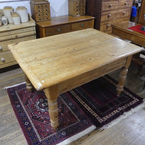 600 - An antique pine farmhouse kitchen Table, of square proportions, W 137 cm x H 76 cm x D 100 cm.... 