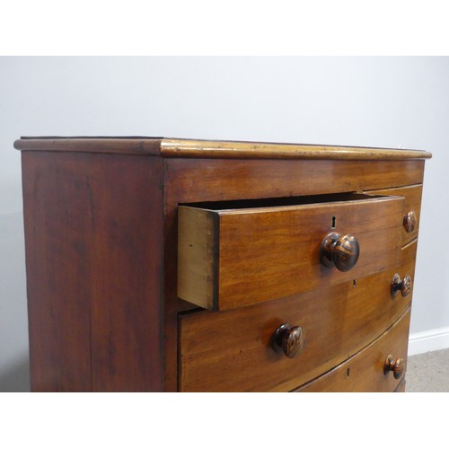 639 - A Victorian mahogany bowfront Chest of drawers, the drawer fronts with simulated tiger wood turned k... 