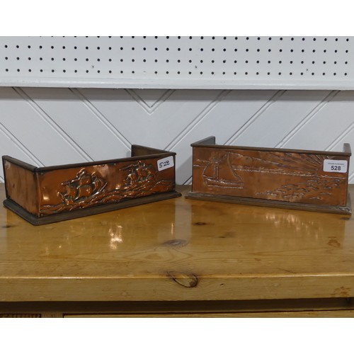 528 - An Arts & Crafts oak and copper book Trough, the copper embossed with ships in the style of Newl... 