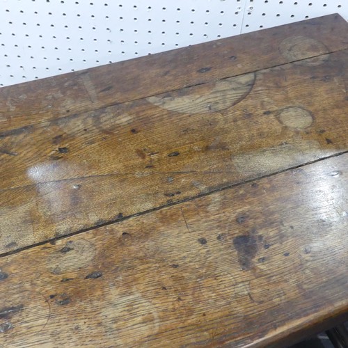 585 - A 18th century oak side Table, rectangular top over single drawer mounted with two brass handles in ... 