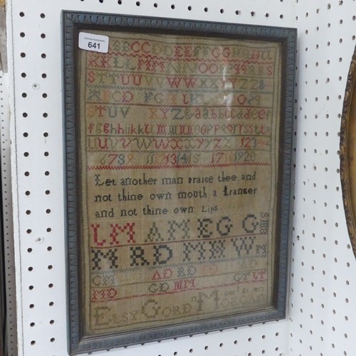 641 - An early 19th century needlework alphabetical Sampler, dated ''oct 21, 1813'', W 34.5 cm x H 45.5 cm... 