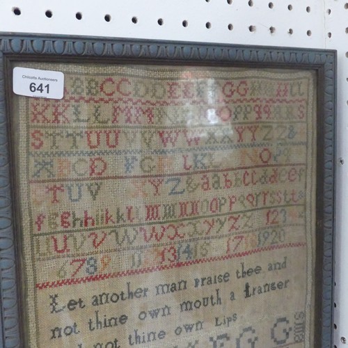 641 - An early 19th century needlework alphabetical Sampler, dated ''oct 21, 1813'', W 34.5 cm x H 45.5 cm... 