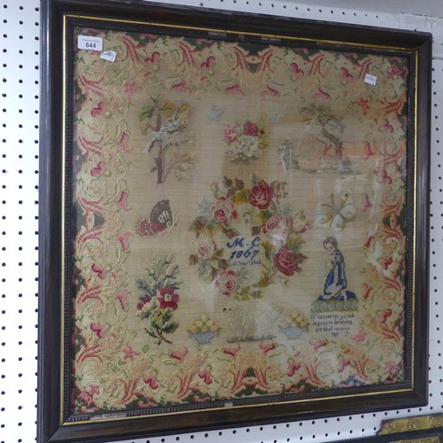 644 - A 19th century framed Embroidery, decorated with flora and fauna, ''M.C, 1867, Loxbear School'', W 7... 