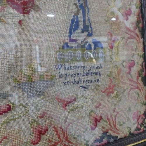 644 - A 19th century framed Embroidery, decorated with flora and fauna, ''M.C, 1867, Loxbear School'', W 7... 