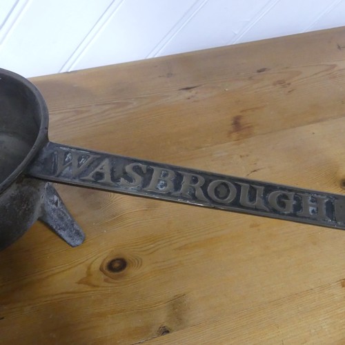 646 - An antique bronze Wasbrough three legged Skillet, W 16 cm x H 11 cm x D 38 cm.