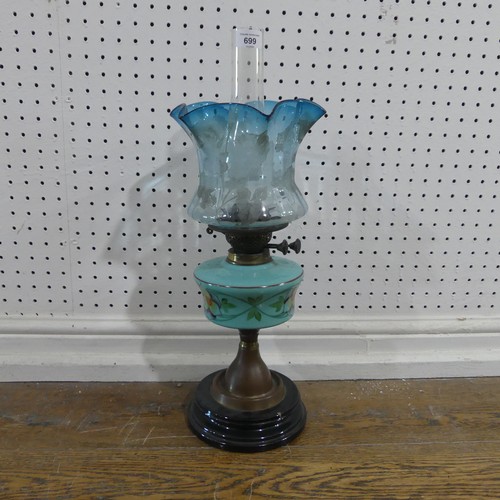 699 - A late Victorian blue glass Oil Lamp, with funnel and shade, H 56 cm.