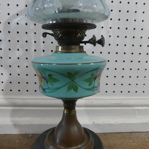 699 - A late Victorian blue glass Oil Lamp, with funnel and shade, H 56 cm.