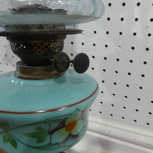 699 - A late Victorian blue glass Oil Lamp, with funnel and shade, H 56 cm.