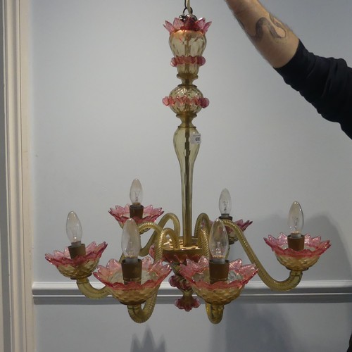 695 - A 20th century Venetian Glass pink and gold-tinted Chandelier, with six scrolled branches, daffodils... 