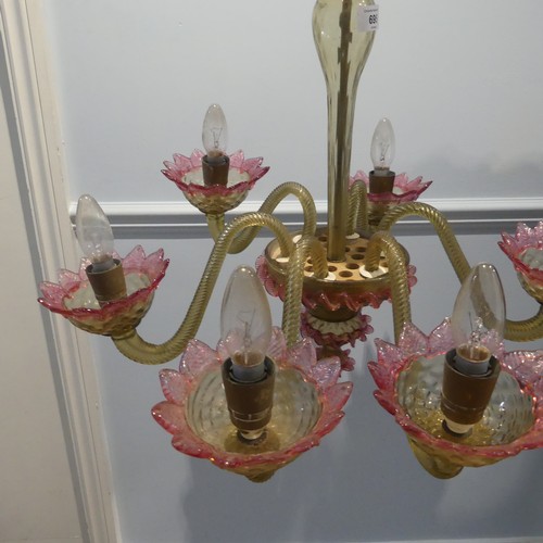 695 - A 20th century Venetian Glass pink and gold-tinted Chandelier, with six scrolled branches, daffodils... 