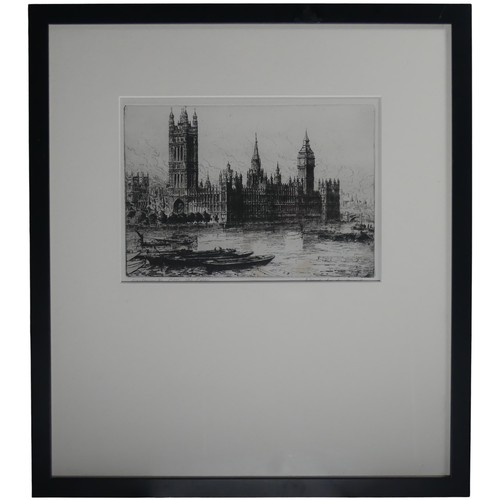 224 - William Monk (British, 1863-1937), Piccadilly Circus, and Westminster from the River, etchings, a pa... 