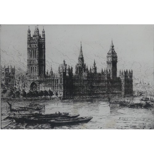 224 - William Monk (British, 1863-1937), Piccadilly Circus, and Westminster from the River, etchings, a pa... 