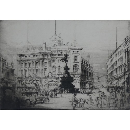 224 - William Monk (British, 1863-1937), Piccadilly Circus, and Westminster from the River, etchings, a pa... 