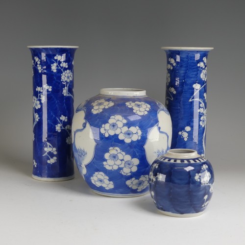 158 - A matched pair of Chinese blue and white prunus pattern Sleeve Vases, mid 20th century, decorated in... 