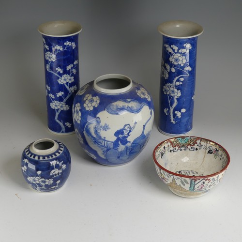 158 - A matched pair of Chinese blue and white prunus pattern Sleeve Vases, mid 20th century, decorated in... 